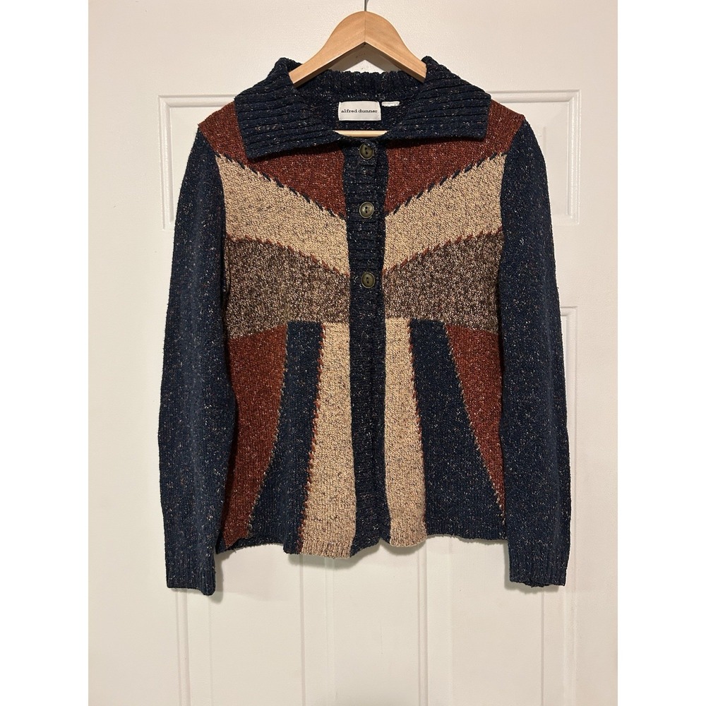 Alfred Dunner Womens M Vintage Geometric Colorblock Knit Cardigan Boho Sweater